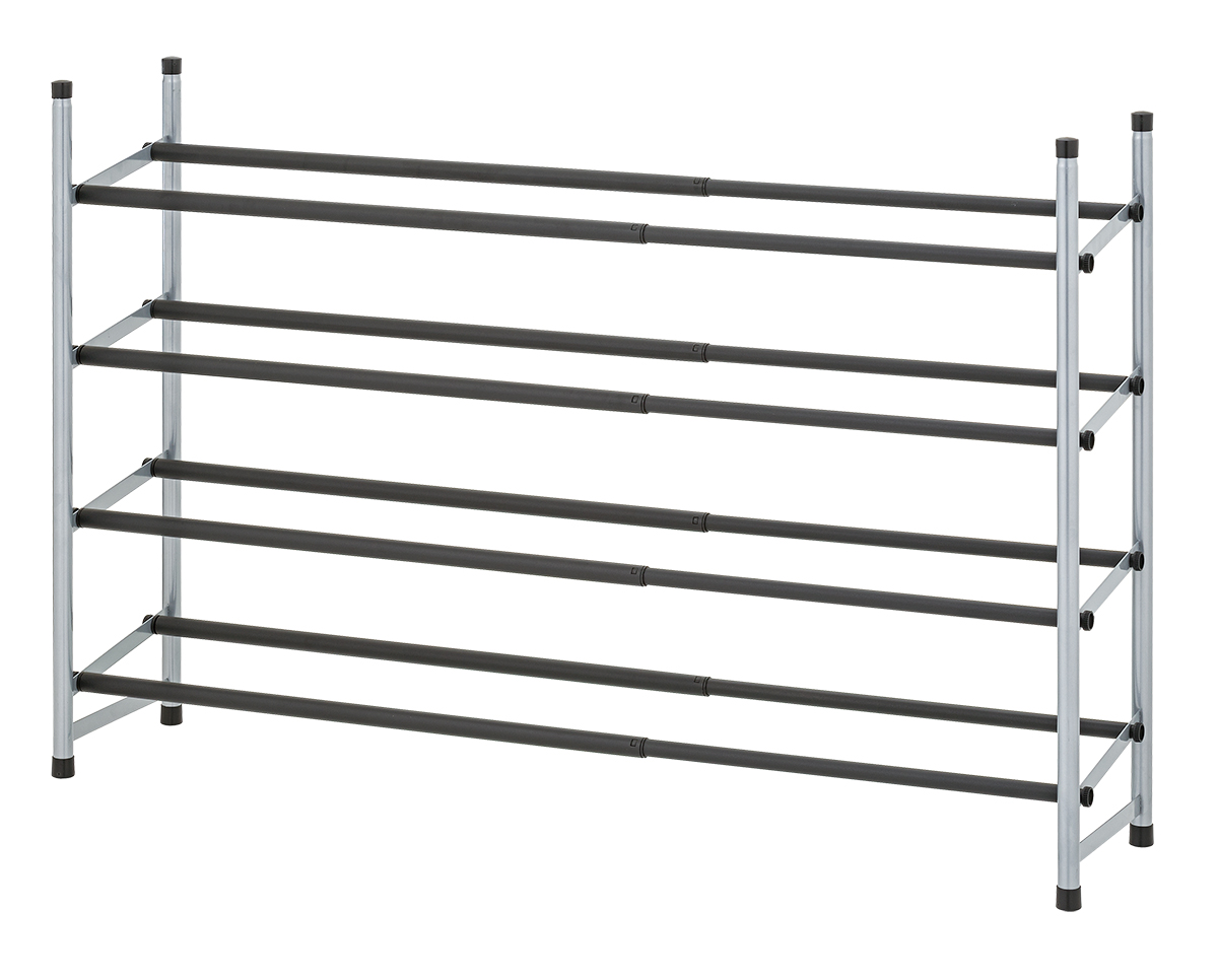 MAINSTAYS 4-TIER EXPANDABLE STACKABLE CLOSET STORAGE SHOE RACK ORGANIZER SHELF, UP TO 20 PAIRS, METAL, BLACK, SILVER