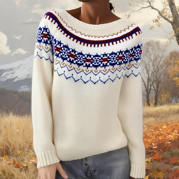 Stralyhd Fair Isle Sweater Women Lightweight Boho Retro Knitted Women's Sweaters Casual Long Sleeve Crewneck Pullover Tops Brown Sweater Woman Beige XL
