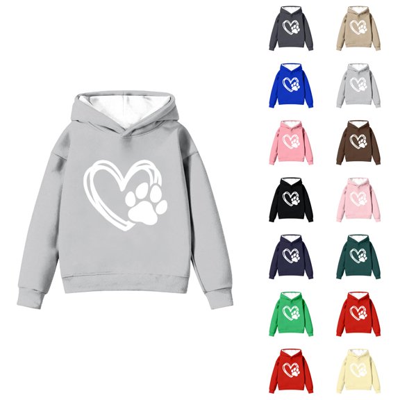 Girls Puppy Heart Print Hoodie Sweatshirt Casual Pullover Long Sleeve Crewneck Cute Jacket Top for Kids