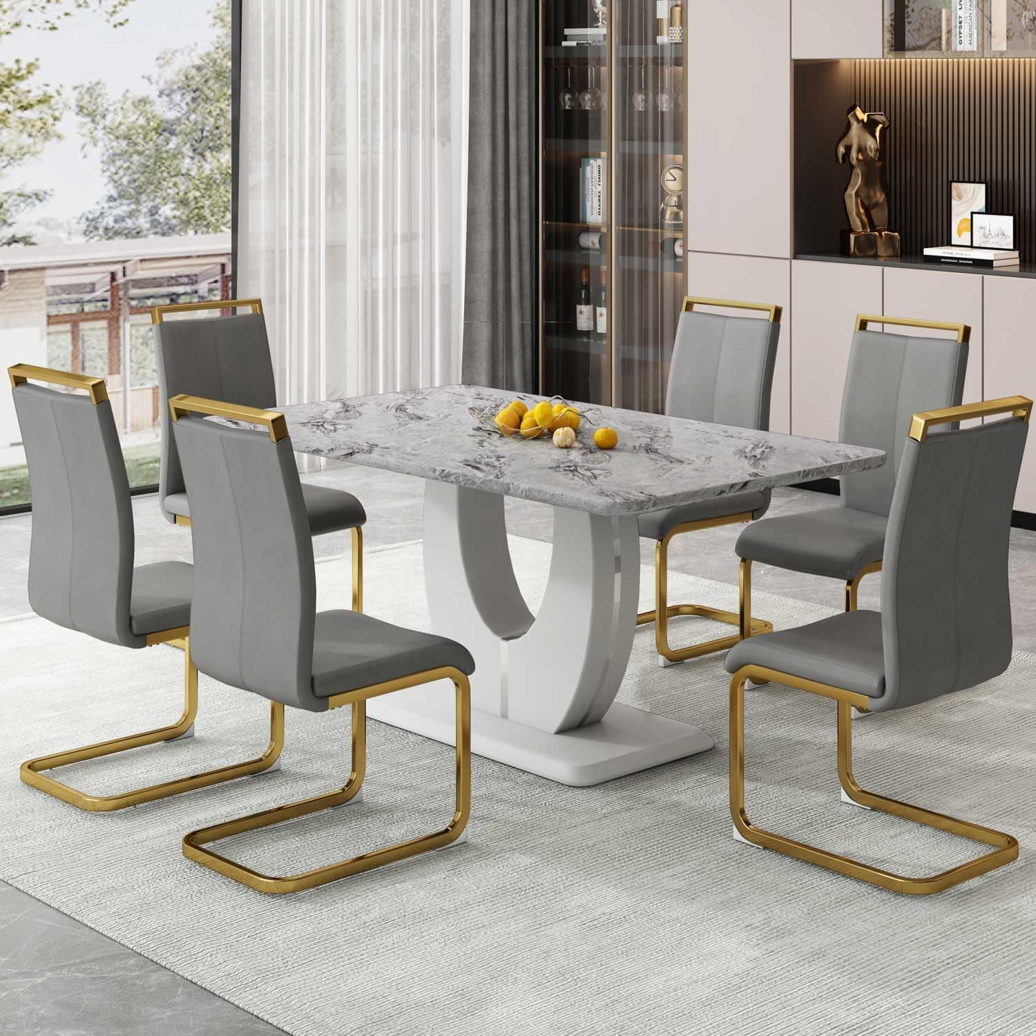 Sumdeal Dining Room Set,63" Modern Faux Marble Dining Table Sets for 6,7 Piece Rectangle Dining Table Set,Table and Chairs,Grey ,Set of 6