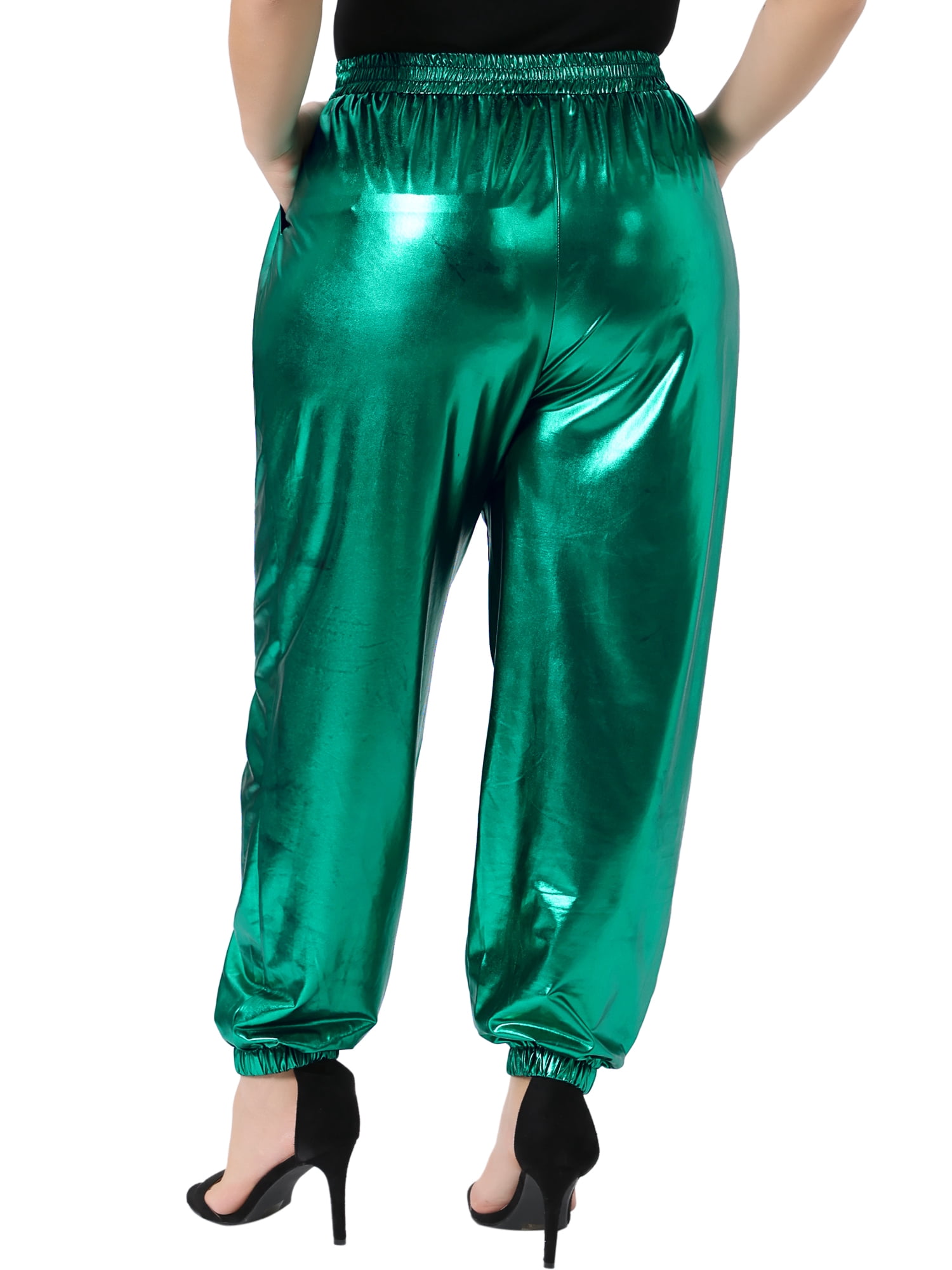 DARING DIVA Women's Plus Jogger Pants Metallic Shiny Stretchy Trousers 3X Green