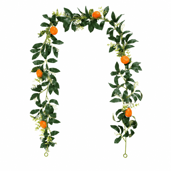 Artificial Orange Garland 67.72 Inch Faux Fruit Garland with White Flowers and Green Leaves, Flexible Table Centerpiece for Kitchen Patio