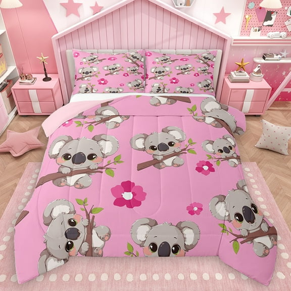 Homewish Kawaii Koala Lover Queen Comforter Set for Kids, Pink Blossoms Flower Floral Bedding Sets, Cute Cartoon Animal Reversible Bedding Comforter Set, Luxury Bedroom Decor, 3-Piece