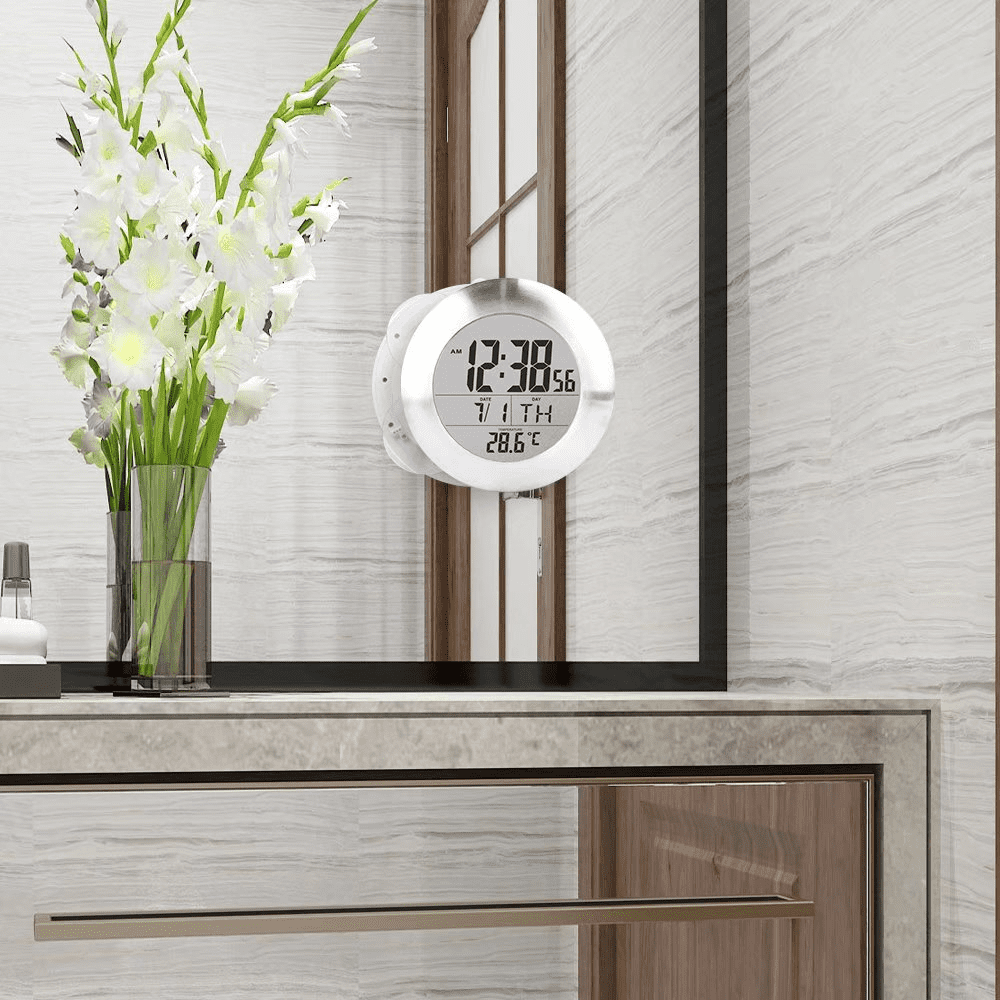 Digital Bathroom Shower Wall Clock, Waterproof Spray, Moisture Proof Meter, Moisture Proof, Large Screen Display, Calendar Month and Date, [4 Strong Suction Cups] Hanging Hole Silver Frame