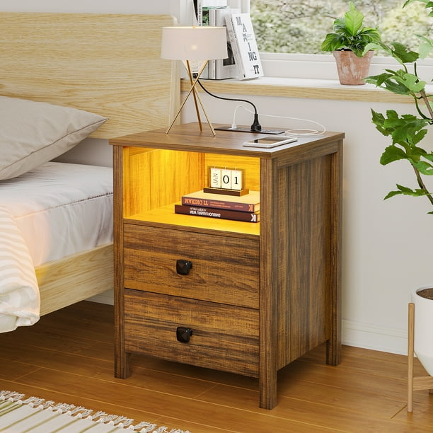 HNEBC Nightstand with LED Lights,Bedside Table with Charging Station