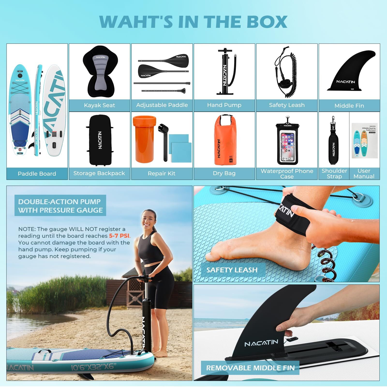 10'6" Inflatable Paddle Board with Kayak Seat Nacatin Stand-Up Paddleboard with Premium SUP Board Accessories Kit and Backpack