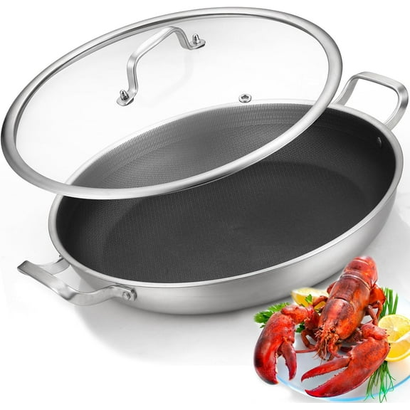 Tri-Ply 14.5 Inch Stainless Steel Paella Pan,12 Servings Paella Pan with Lid,18/10 Nonstick Large Skillet,Jumbo Cooker,Induction Pan,Skillets,for Outdoors,Camping,Parties