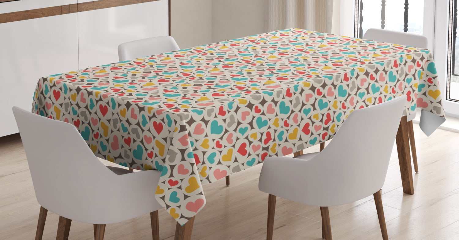 Hearts Tablecloth, Oval Shapes with Heart Figures in Retro Tones