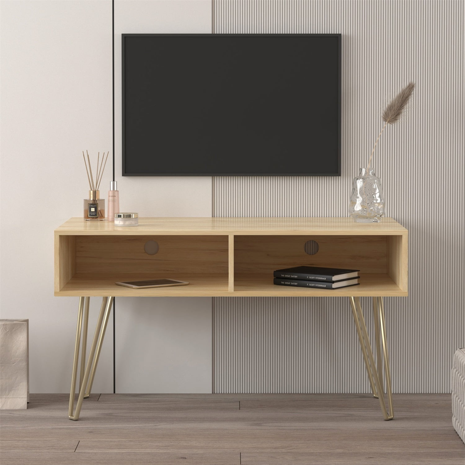 Kadyn Mid Century Modern Corner Tv Stand with Open Shelves, Tv Stand for Living Room, Entertainment Center with Storage, Oak