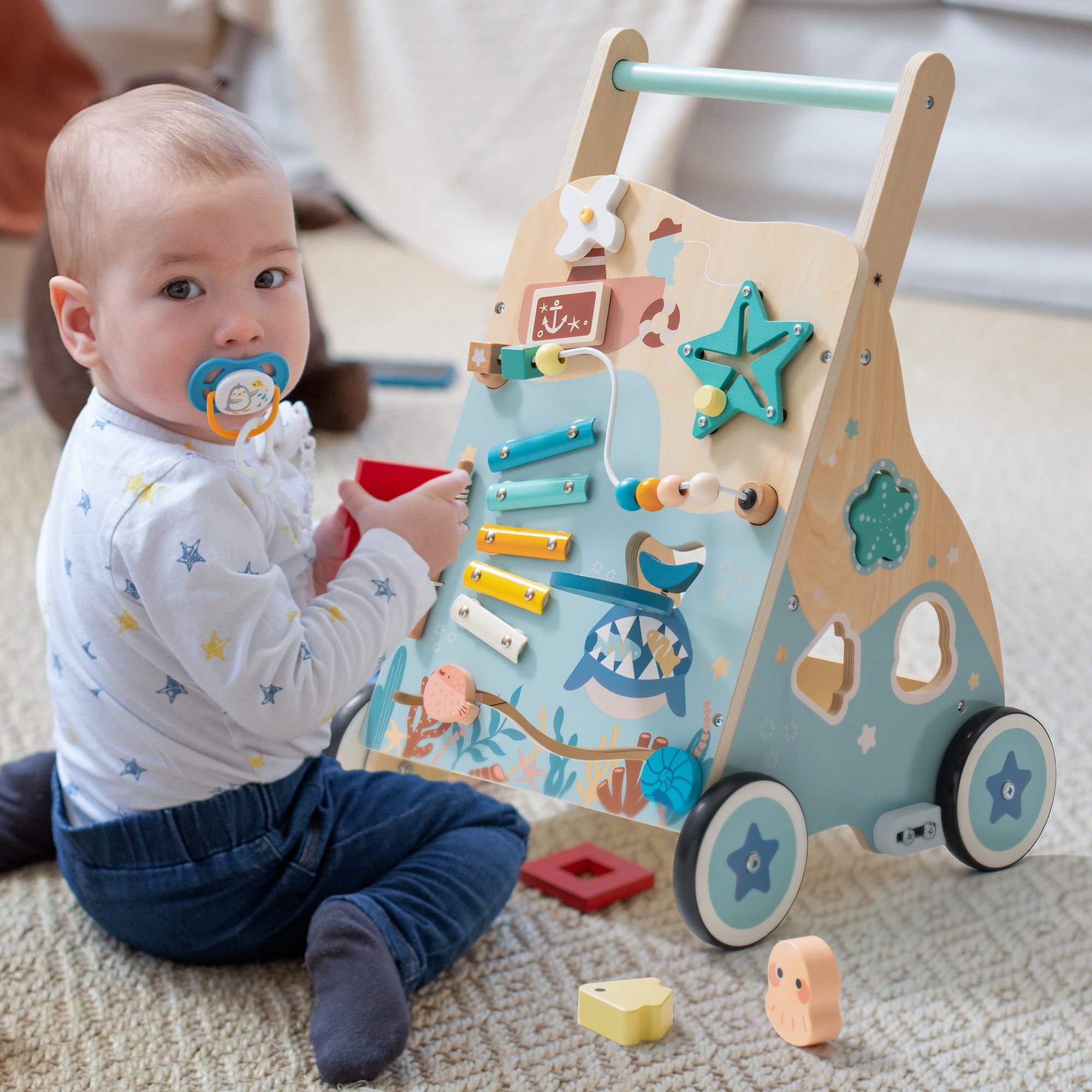 Robud Wooden Baby Push Walker, Ocean-Themed Wooden Baby Walker with Wheels, Sit-to-Stand Activity Center, Push Toy for Toddlers, for Boys and Girls