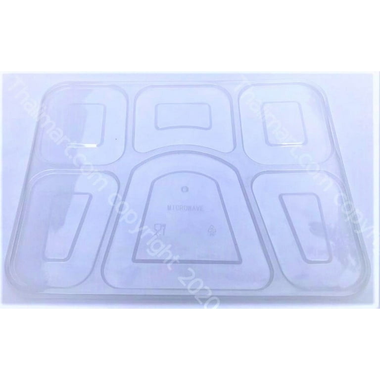 Thalimart 100 Plates & Lids Disposable Rectangle 6 Compartment Plastic  Plate White with Clear Lid