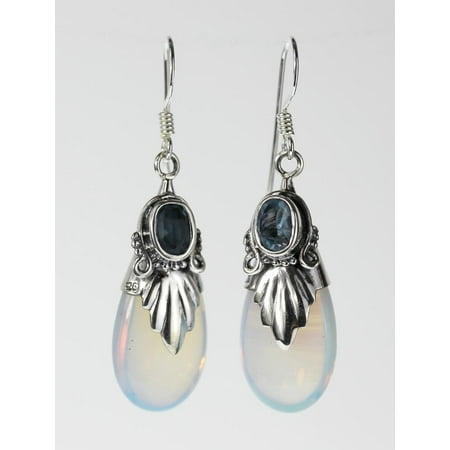 Blue Moonstone - Sterling Silver Simulated Moonstone With Blue Crystal Earrings