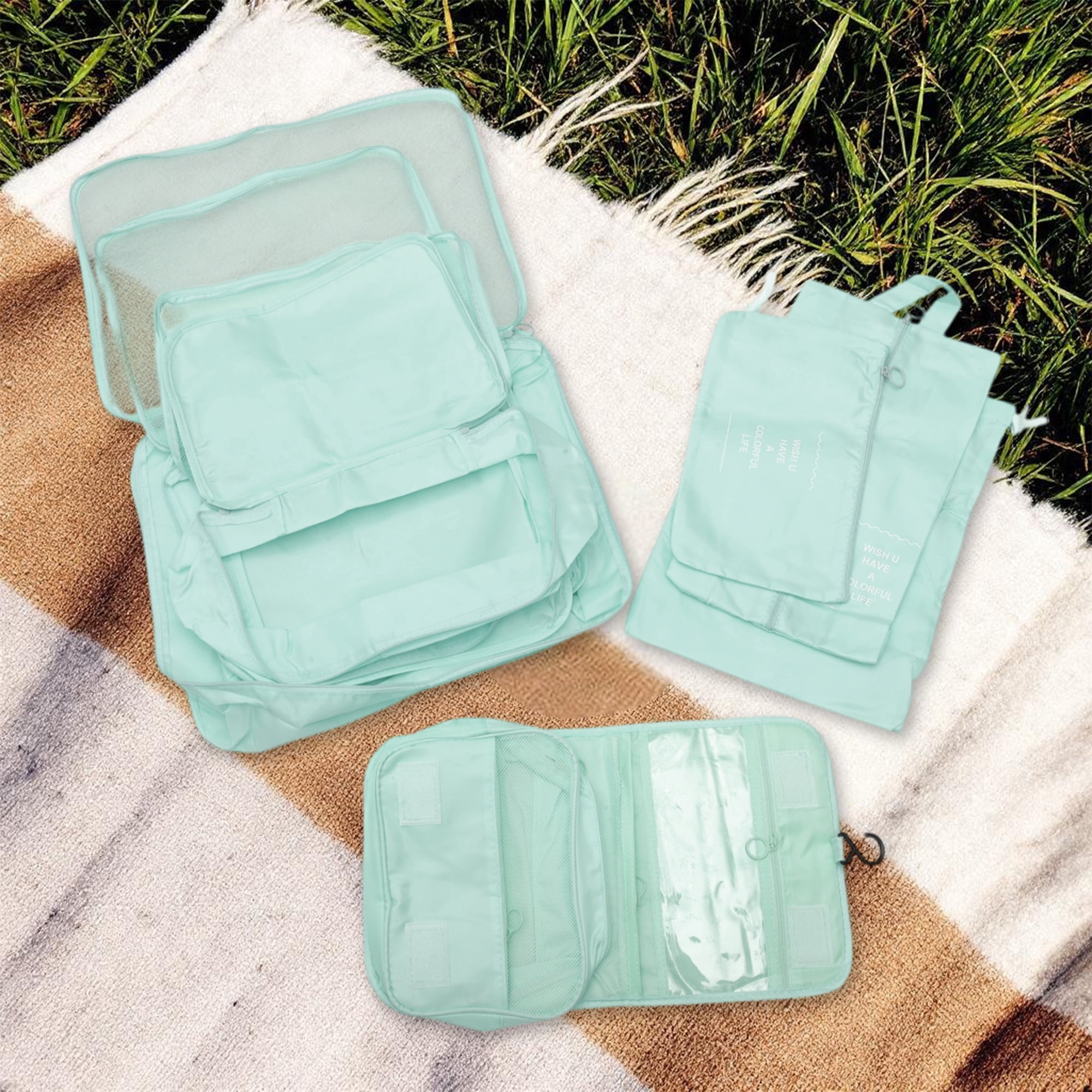 Unique Bargains 8 Pcs Portable Packing Cube Set for Luggage Light Blue