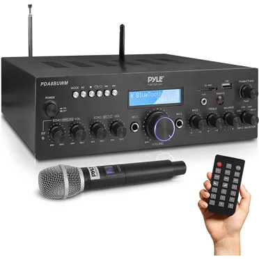Pyle Compact Home Theater Amplifier Stereo Receiver with Bluetooth Wireless Streaming, UHF Wireless Microphone, Mic ECHO, and Volume Control.