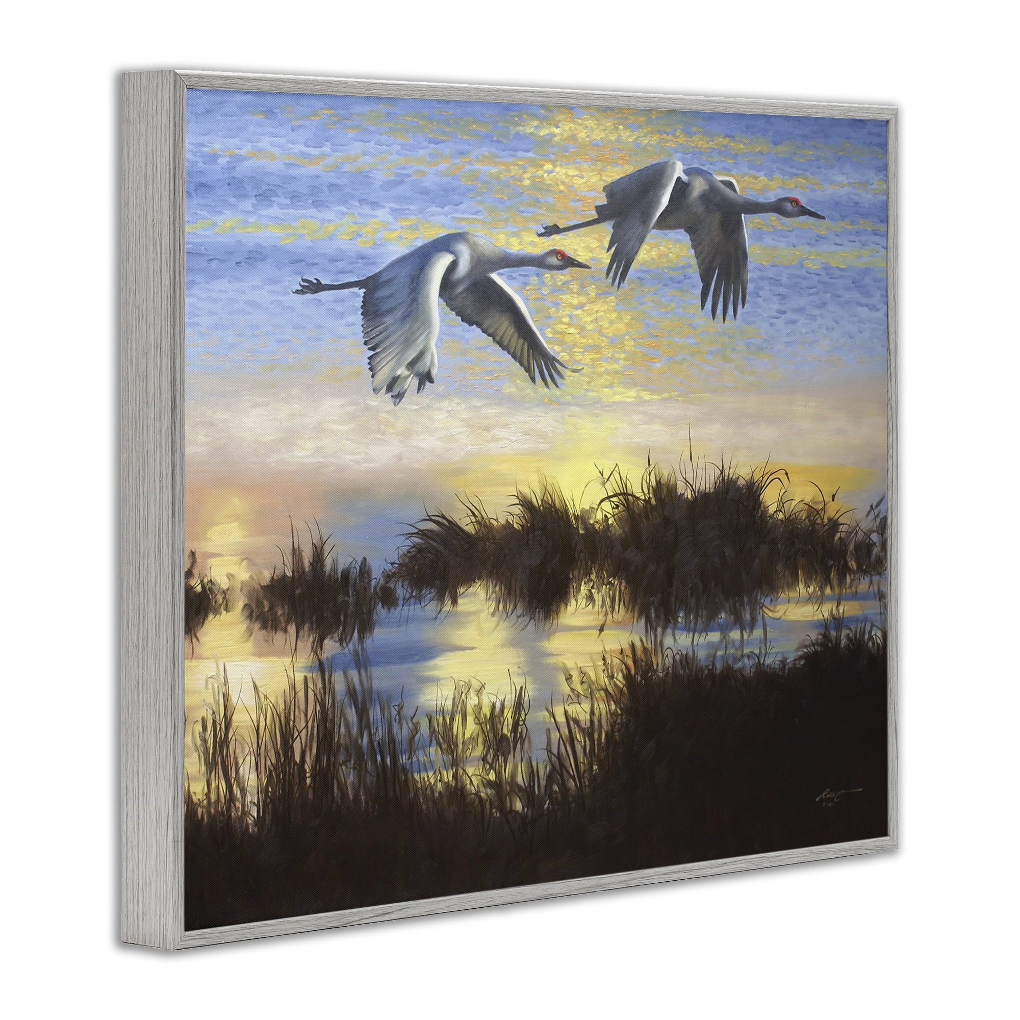 Stupell Industries Two Cranes Over Lake Landscape Painting Gray Framed Art Print Wall Art, 30 x 24