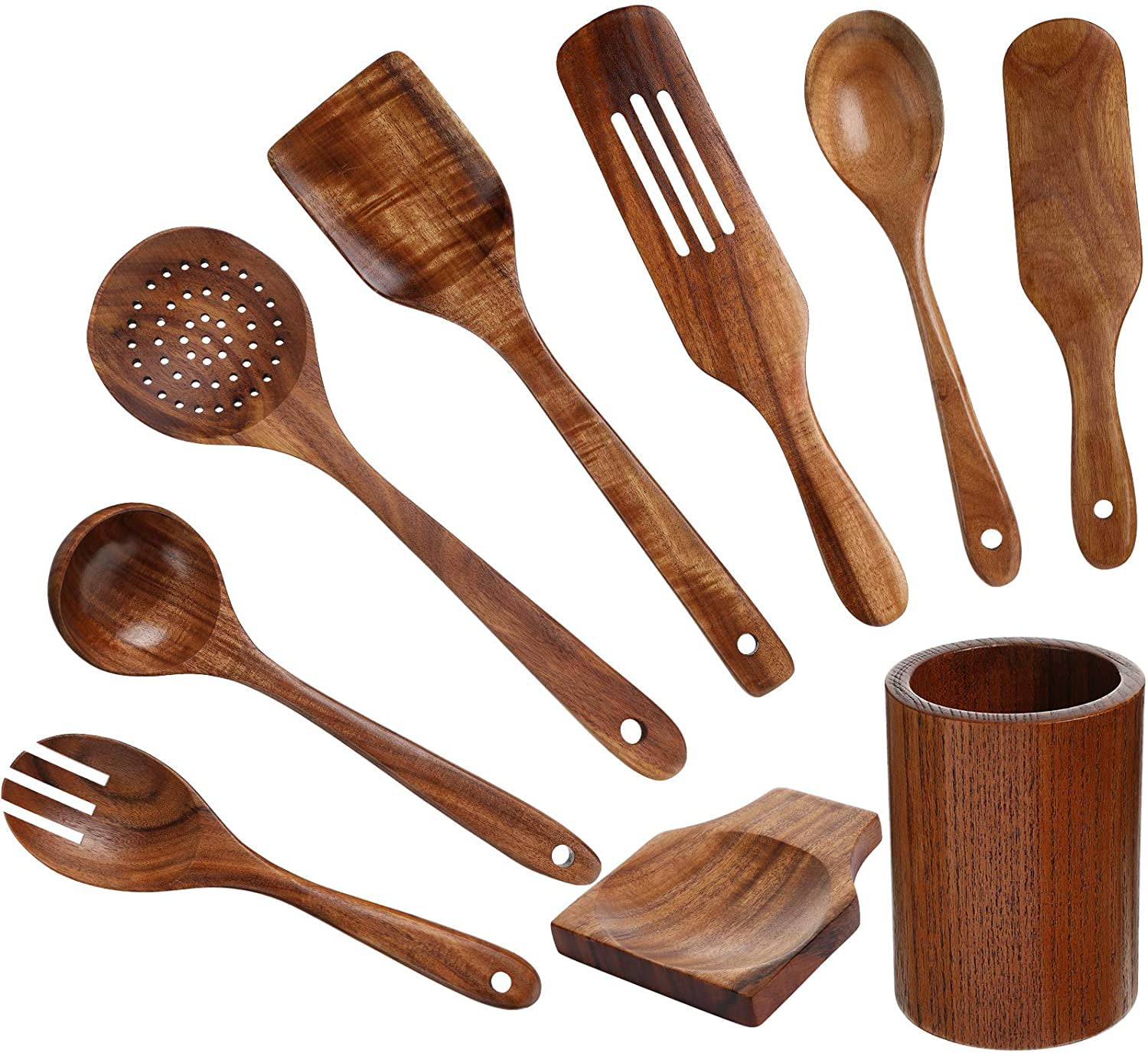 9 Pieces Wooden Kitchen Cooking Utensils Set Natural Teak Wood Spoons Spatula Spoon Rest and Kitchenware Storage Bucket Cookware Utensil Tools for Kitchen 