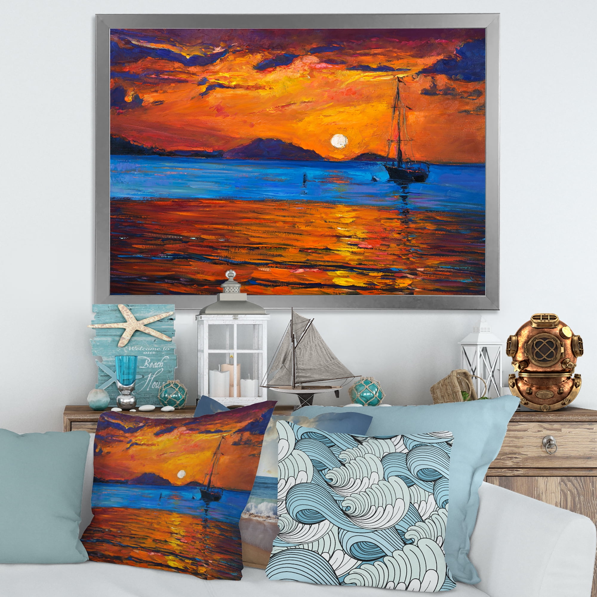 Designart 'Boat At The Lake During Evening Glow IX' Nautical & Coastal Framed Art Print