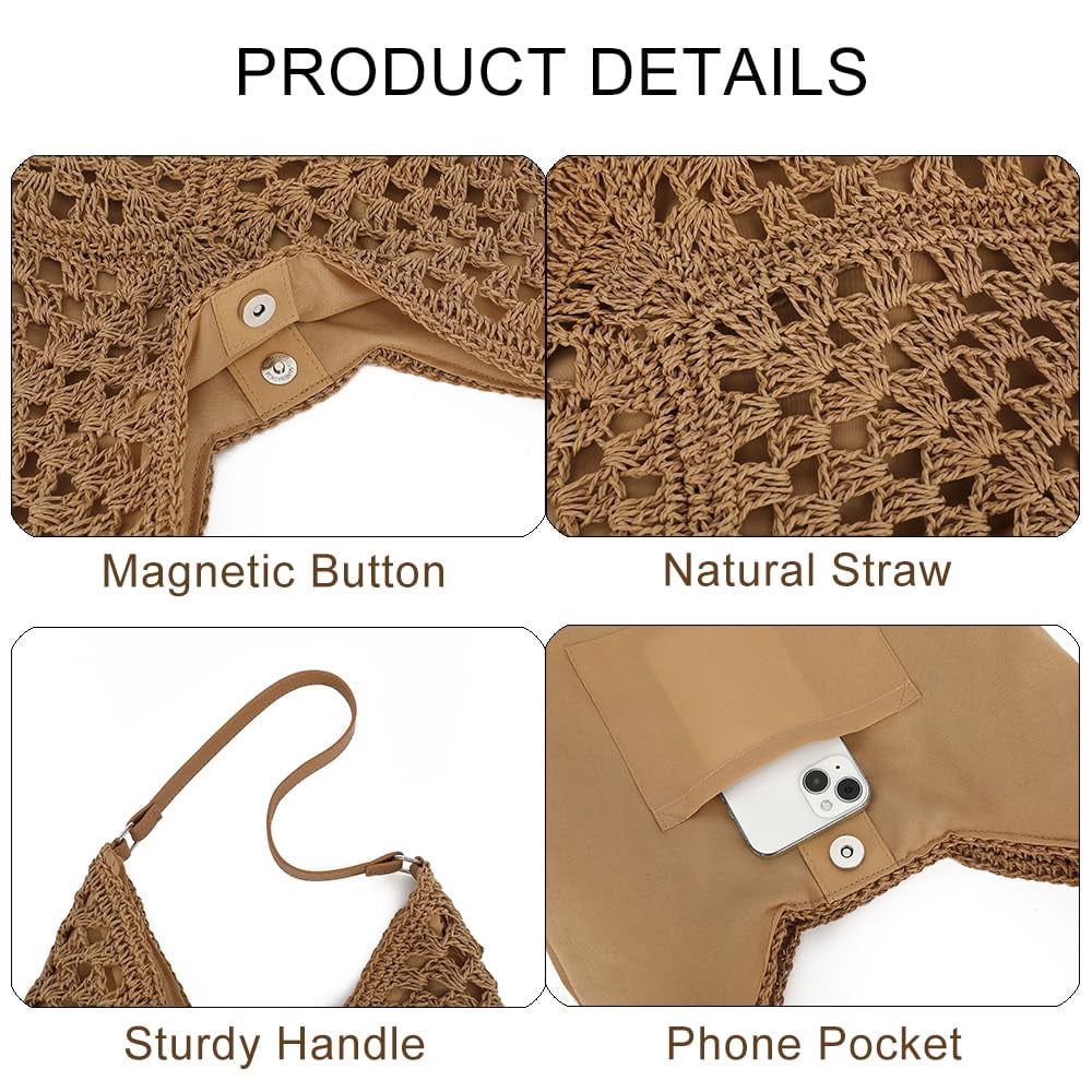 Omlopp Straw Beach Tote Bag for Women Raffia Crochet Purse Large Summer Hobo Woven Shoulder Handbag for Vacation