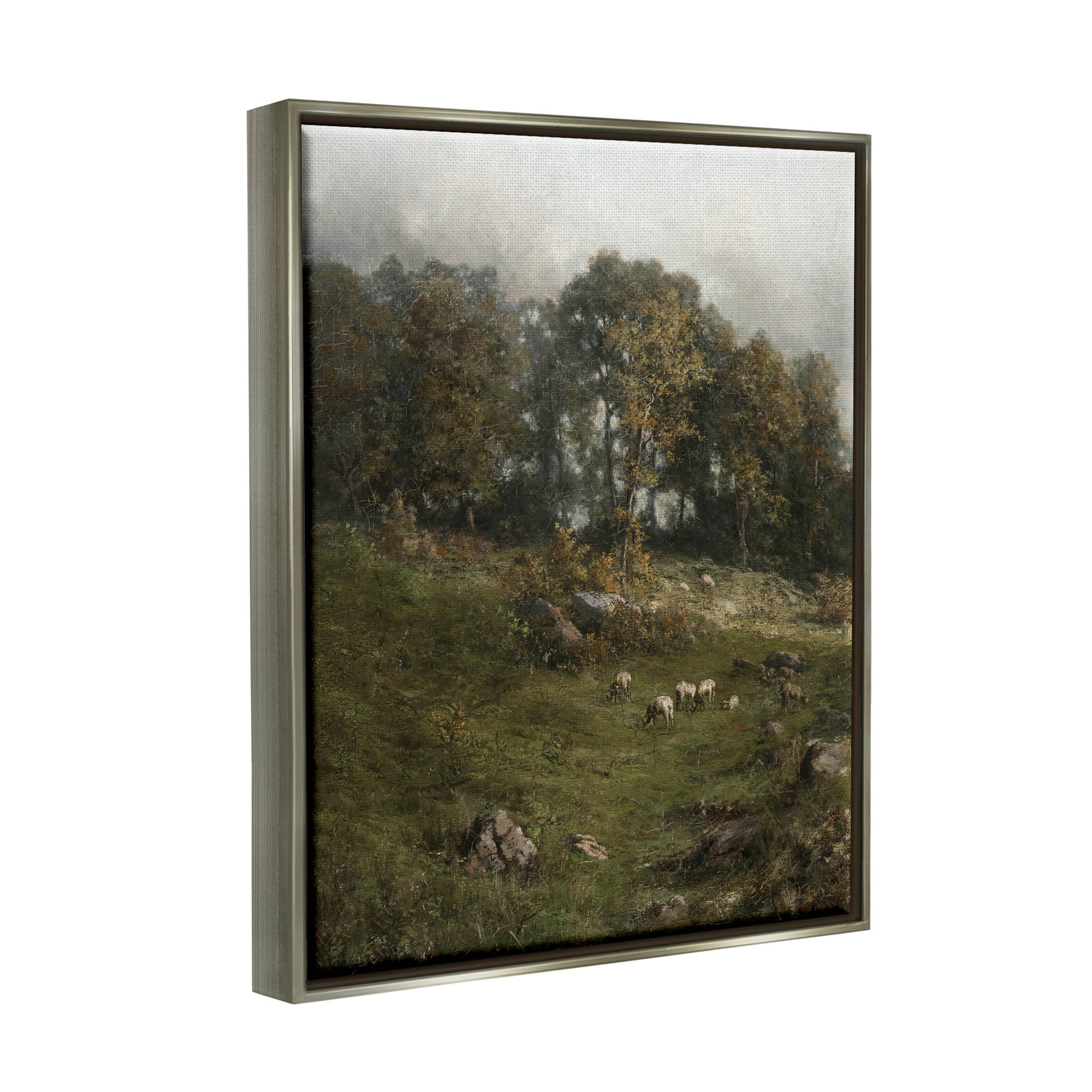 Classic Farm Field Grazing Animals Landscape Painting Luster Gray Framed Art Print Wall Art