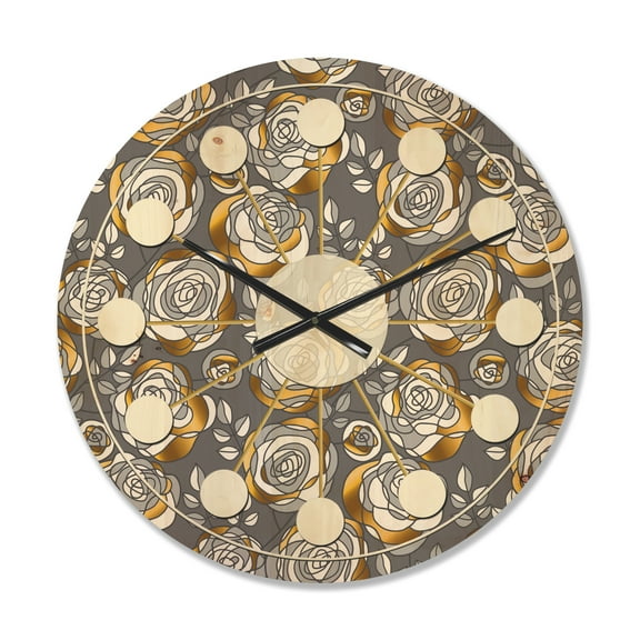 Designart 'Golden Rose Flowers On Gray' Mid-Century Modern Wood Wall Clock