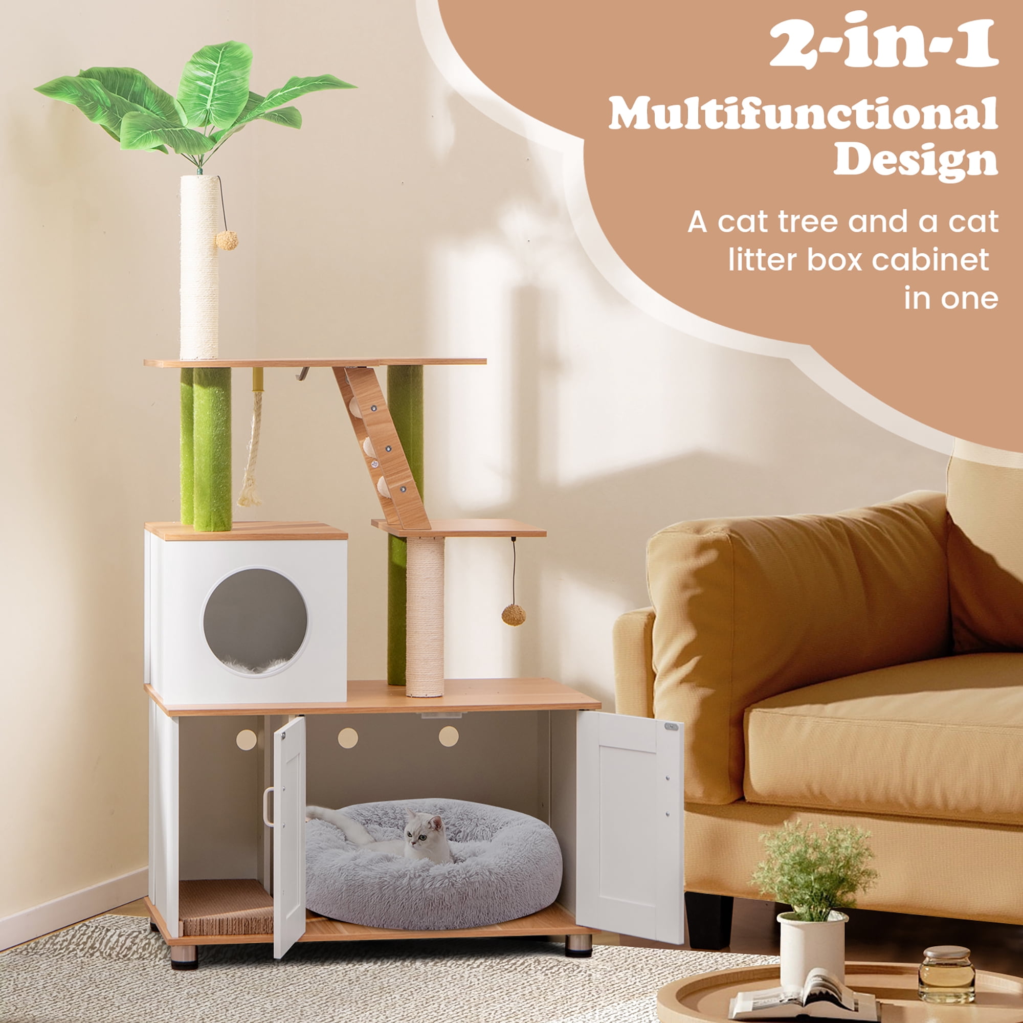 Gymax All-in-One Cat Tree w/ Litter Box Enclosure Cat Tower Scratching Posts Ladder