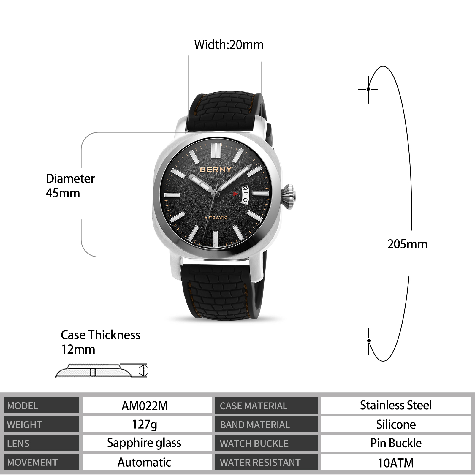 BERNY Automatic Watch for Men, Sport 10ATM Waterproof Mechanical Watch with Silicone Strap, Date Calendar, Super Luminous, Sapphire Glass, Fashion Men's Diver Wristwatch, Black