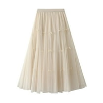 Jdlsppl Women's Pleated Tulle Skirt Mesh Skirt Fall Tulle Fitted Summer Basic Cotton Soft Calf Length Layered Apricot Small-X-Large