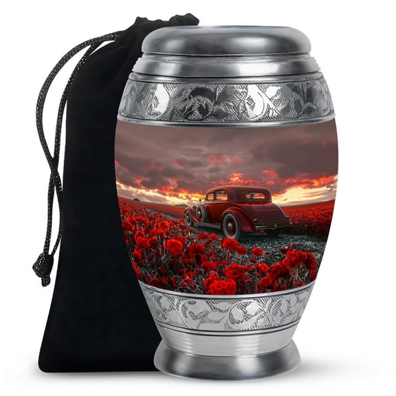 KARYLIZ Classic Car Urns For Human Ashes Adult Man - Urns For Ashes Adult Female Mother - Red Vintage Car In colurful Field of flowers Cremation Urn - Urn For Men Ashes Adult Male (Size 10inch)