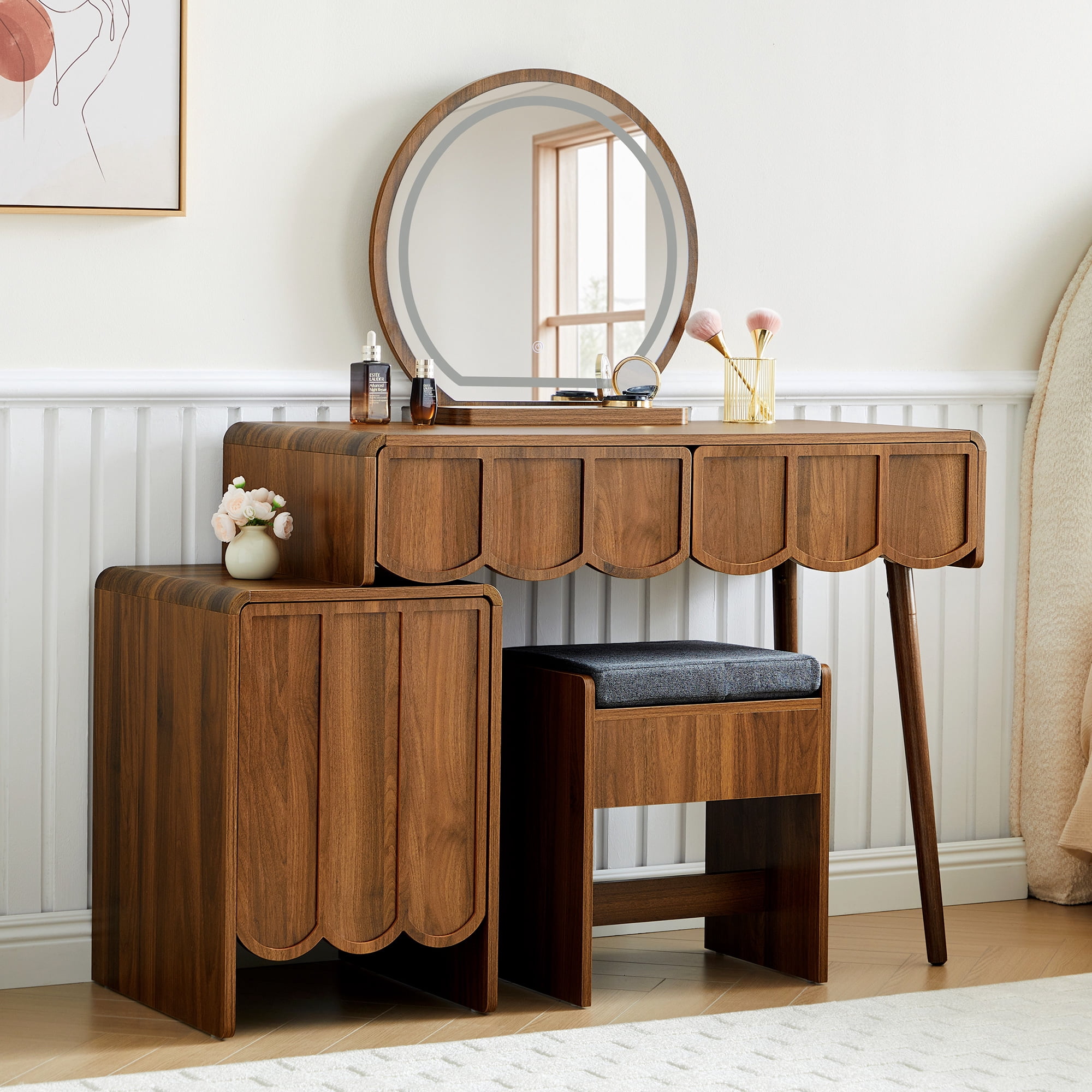 Wirrytor Makeup Vanity Set with Mirrors and Light, Vanity Set with Cushion Chair, for Adult, Stools for Vanity Table, with 2 Drawers and 1 Storage Cabinet, Wave Panel ,Walnut