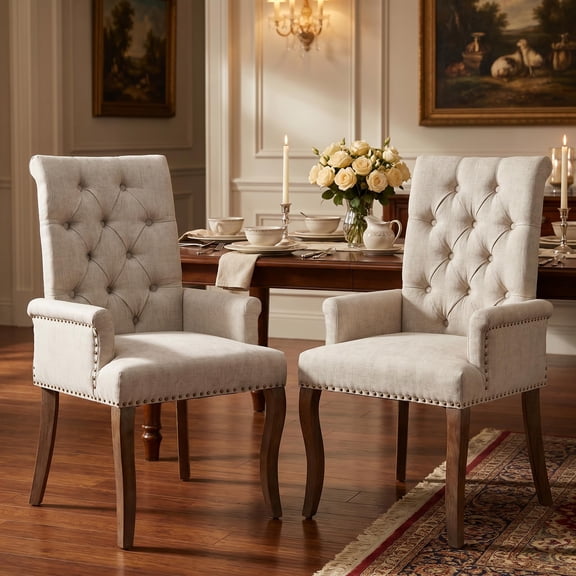 Upholstered Chenille Fabric Dining Chairs with Arms Set of 2, Tufted High Back Dining Room Chairs with Curved Rubberwood Legs, Kitchen Chairs, Beige