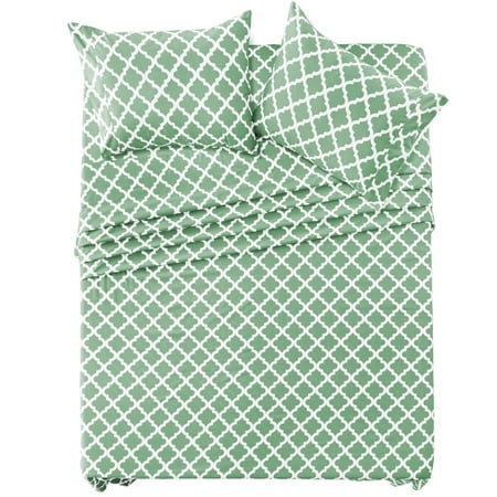 Lux Decor King Size Sheet Set 4 Piece, Soft Microfiber, Deep Pockets - Quatrefoil Pattern, 1 Fitted & 1 Flat Sheet, 2 Pillowcases, Green