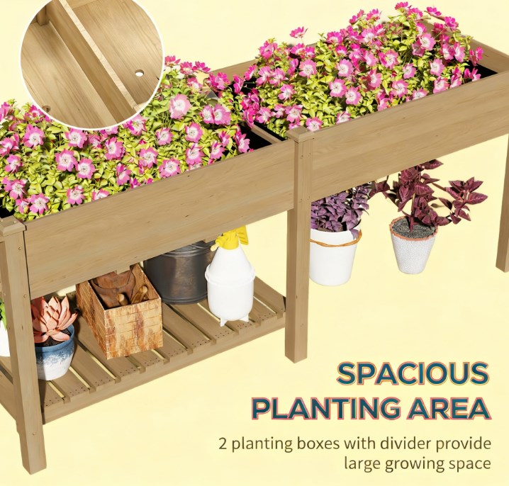 Elevated Garden Bed, Wood Raised Garden Box with Side Table, Bottom Shelf, Bed Liners and Drainage Holes