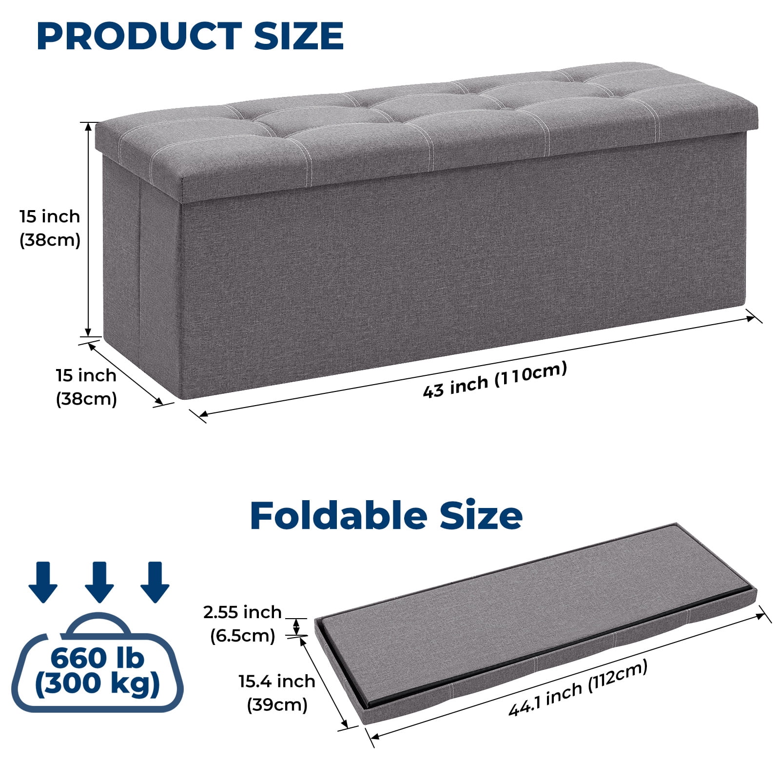 Lusimo 43" Storage Ottoman Bench with Divider, Multifunctional Foot Stool, Toy Chest & Shoe Bench for Bedroom, Living Room, and Entryway, Foldable Storage Chest with Seating, Light Gray