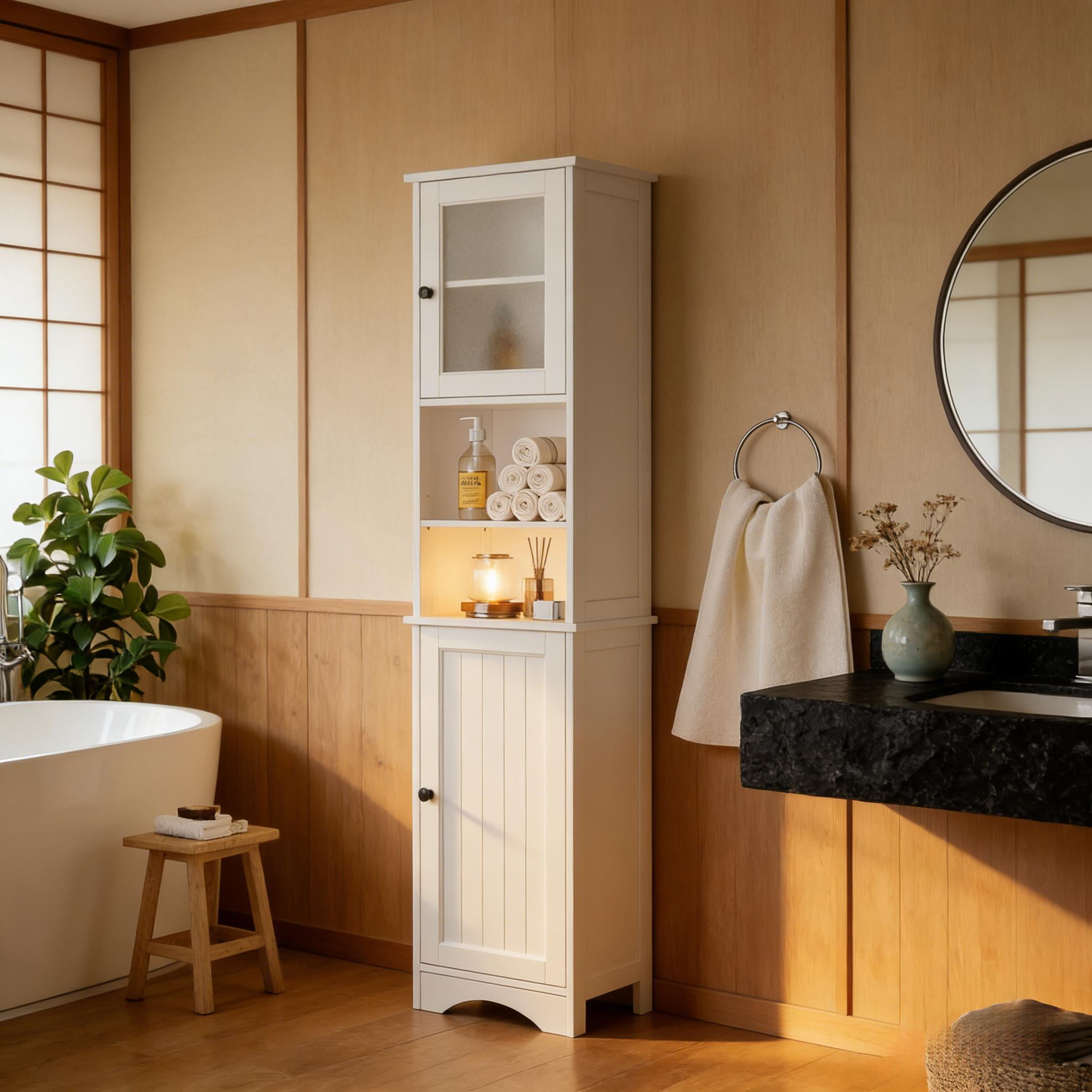 Tall Bathroom Storage Tower, 67.1" Bathroom Cabinet with Adjustable Shelves and Open Shelves for Bathroom, Living Room,White