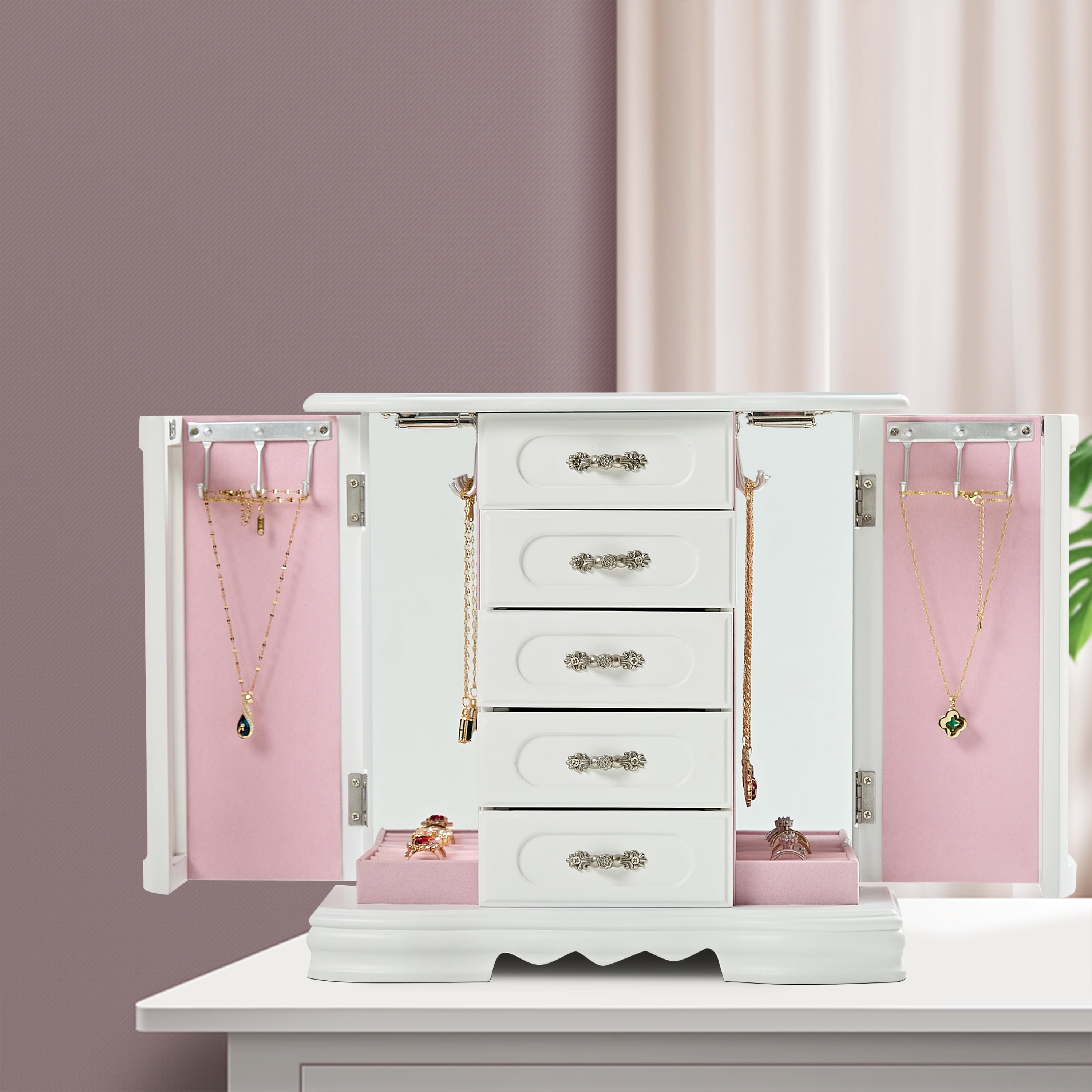Lxmons White Wooden Jewelry Box with Mirror,5 Drawers,Built Lxmons White Wooden Jewelry Box with Mirror,5 Drawers,Built