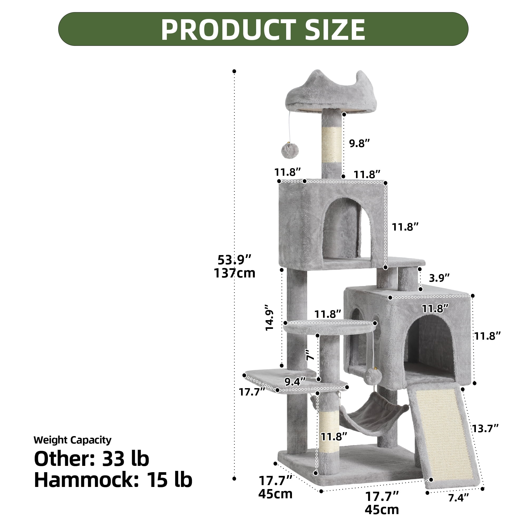 Uforic 54in Cat Tree Tower with Sisal Scratch Posts, Condo, Hammock in Light Gray