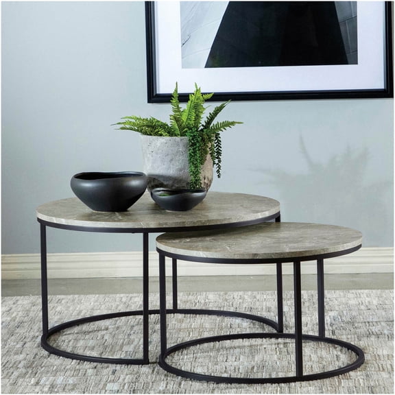 Grey Round Faux Marble Nesting Coffee Table Set with Metal Frame, Space Saving 2-Piece Round Side Table
