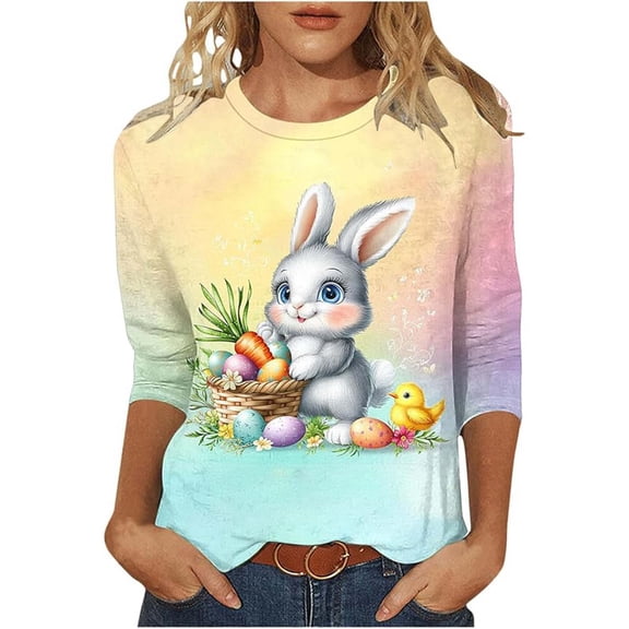Bainana Easter T-Shirt For Women Fashion Floral Bunny Print Round Neck 3/4 Sleeve Casual T Shirt Top Ladies Festival Modern Fit Tee Yellow Size L