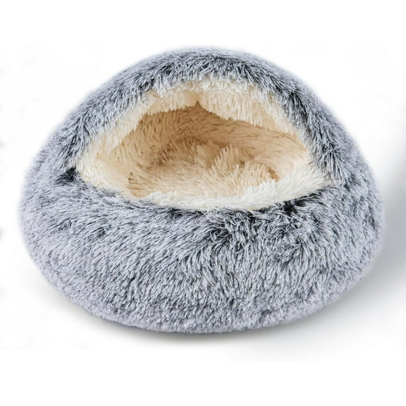 Cat Bed for Indoor Cats, Calming Cozy Cave with Self-Warming Plush, Entire Bed Machine Washable & Anti-Slip Base, Breathable Pet Bed for Small Cats&Dogs All Seasons (Grey, 24 * 24inch)