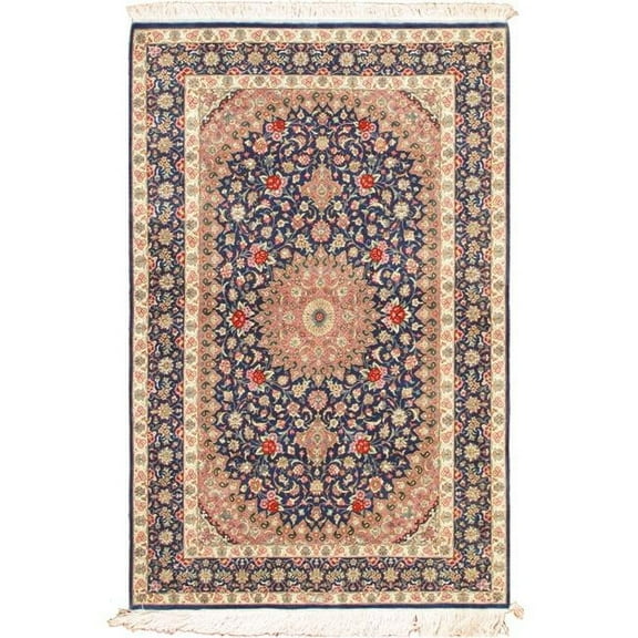 Pasargad Home Qum 38" x 60" Hand-Knotted Pure Silk Area Rug in Blue