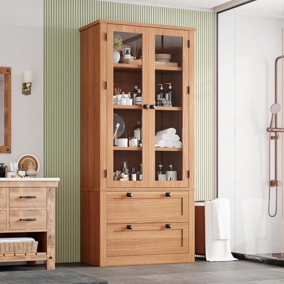 70 Inch Farmhouse Cabinet with Glass Doors and Drawers, Versatile Storage Tall Pantry Cabinet for Kitchen, Dining Room, Bathroom Walnut