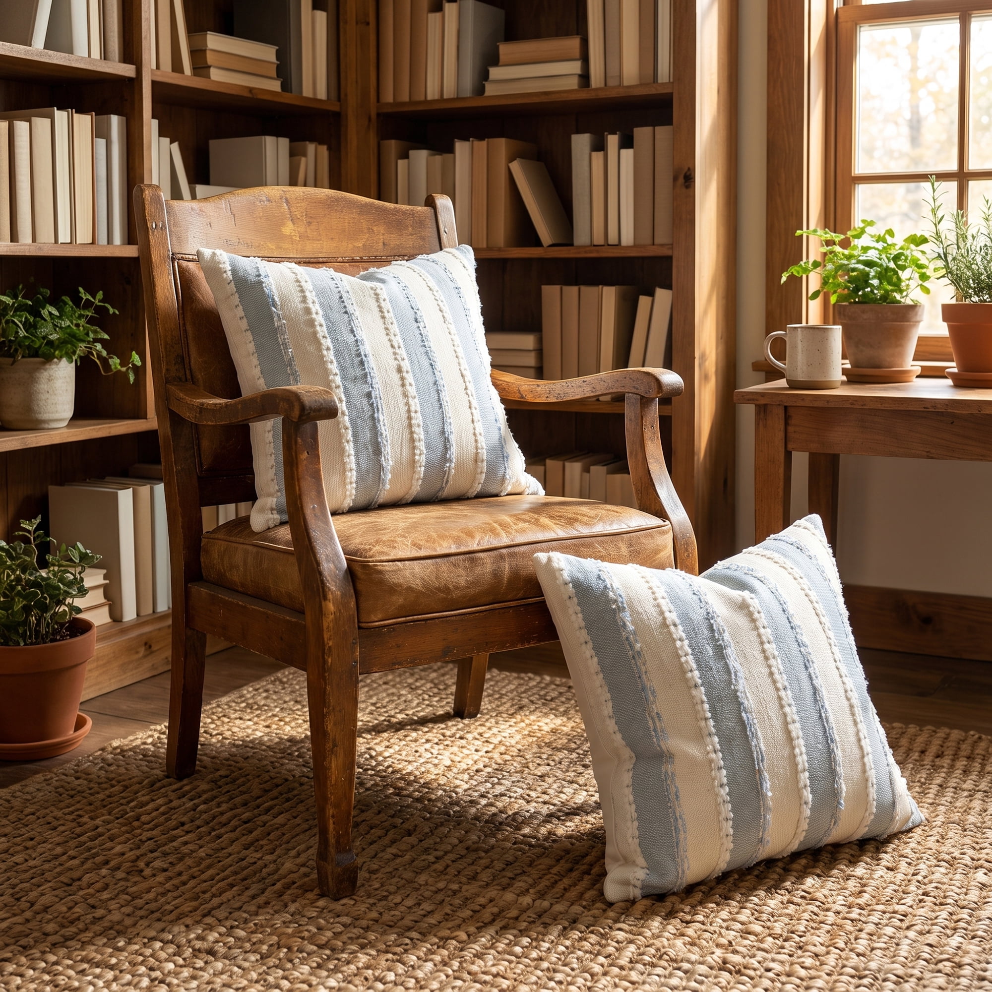 Unique Bargains 2Pcs Textured Frayed Striped Throw Pillow Covers Light Blue 18"x18"