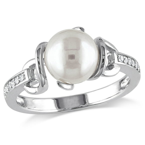 Miabella 8-8.5mm White Freshwater Cultured Pearl and Diamond-Accent Sterling Silver Ring
