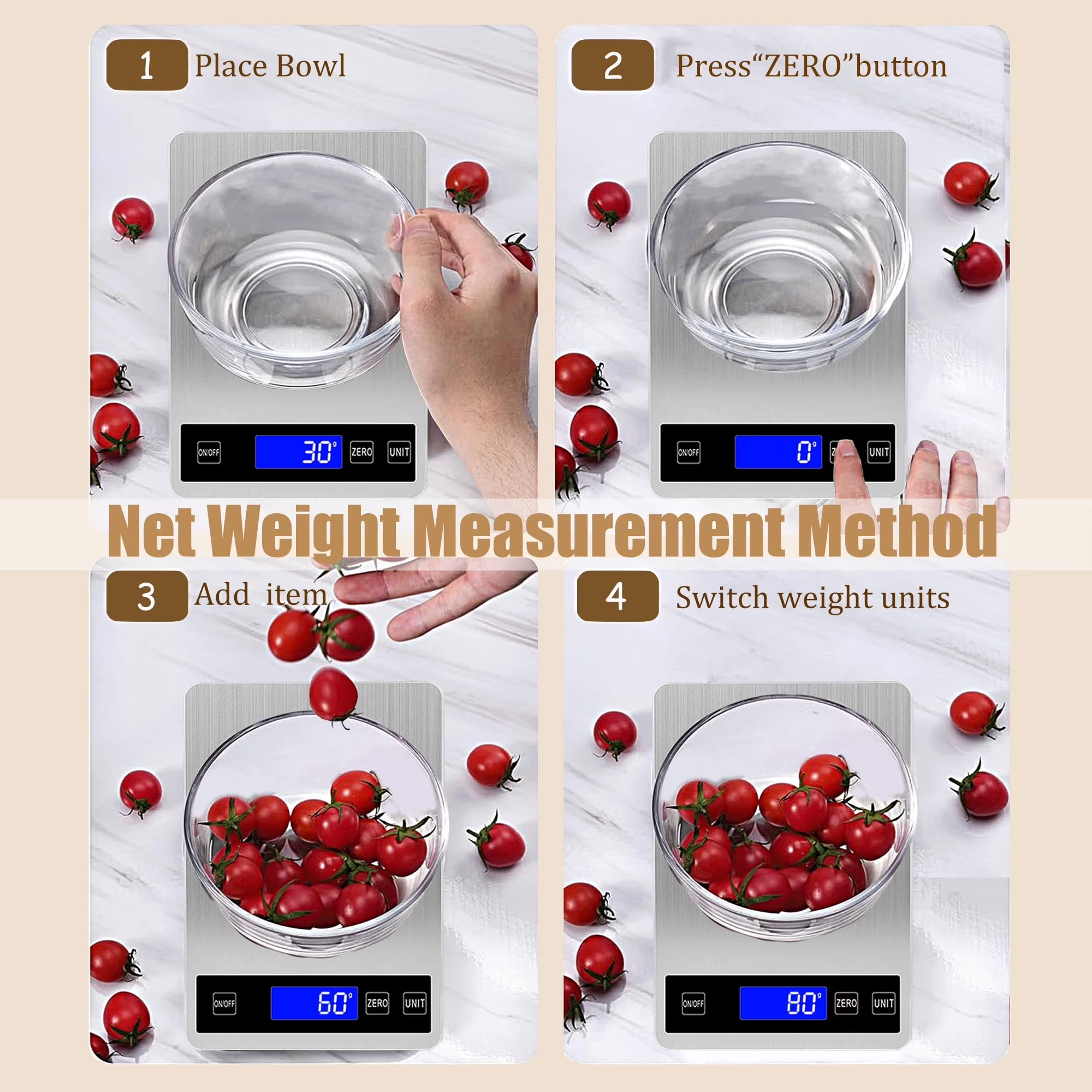 ZOWWKLLY Digital Food Kitchen Scale, Gram Scale 1g/0.1oz Accuracy, 15kg/33lb Stainless Steel with 5 Units, Tare Function& LCD Display, USB Rechargeable & Battery Powered, for Coffee, Baking, Cooking