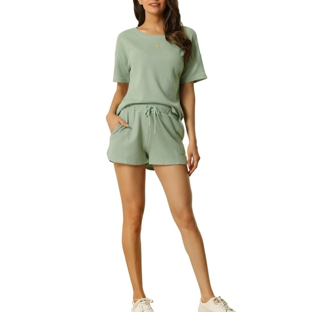 Conjuntos de lounge INSPIRE CHIC para mujeres, camiseta de waffle con pantalones cortos, ropa de estar en casa, sudaderas jogger con bolsillos, color verde