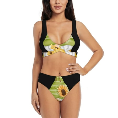 Zeuib Sunflower Gnomes High Waisted Tummy Control Bikini Set - Knot Front Push Up Top & Cheeky Thong Bottom  Two-Piece Swimsuit for Women-XX-Large