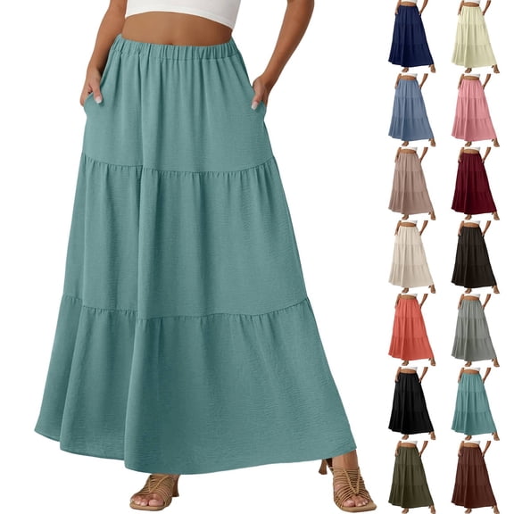 Womens Floral Midi Skirt with Pockets High Elastic Waist Flowy Ruffle Casual Summer Boho Aline Skirts Turquoise XL