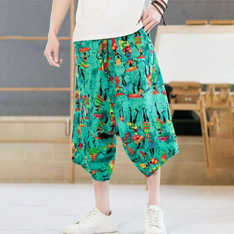 Yievot Cropped Pants For Men Casual Summer Clearance Trendy Floral & Leaf  Print Harlan Pants Lace-Up Elasticized Mid Waisted Wide Leg Pants Green 2XL