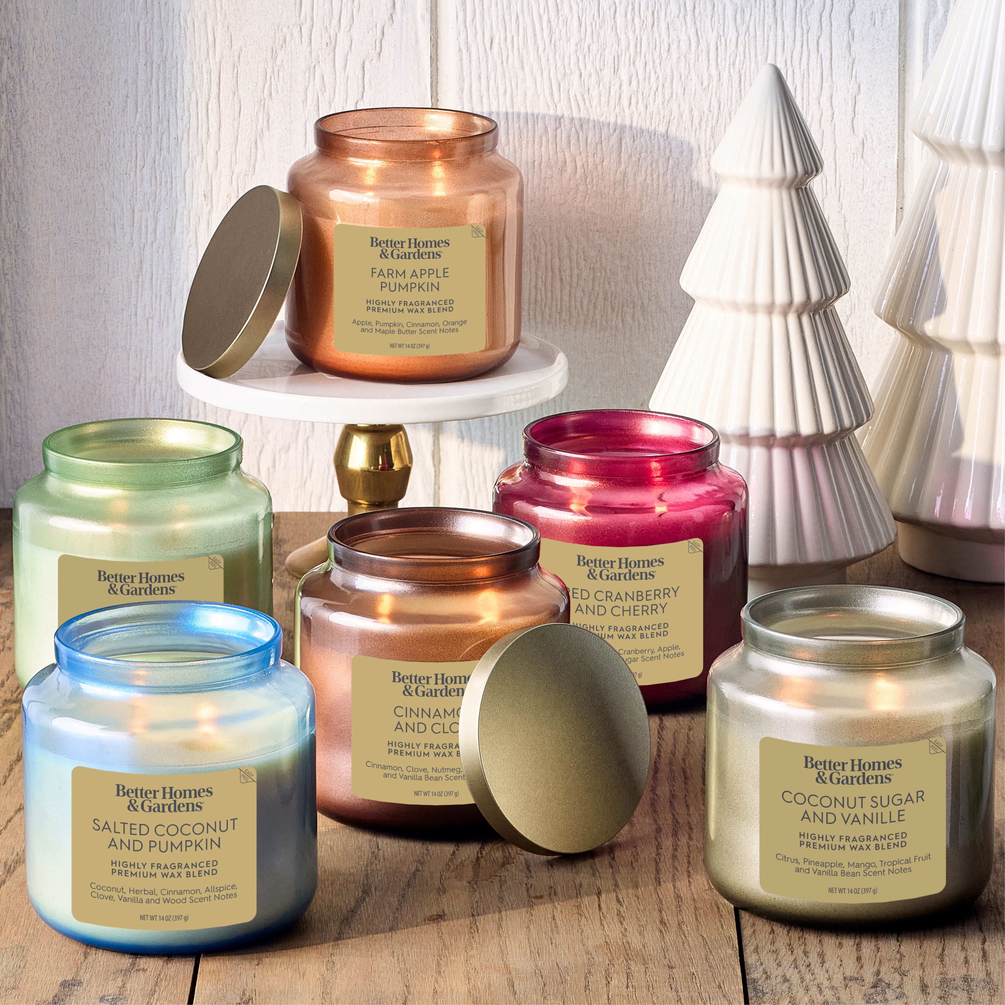 Better Homes & Gardens 2-Wick Salted Coconut & Pumpkin Candle, 14oz Blue Glass Jar with Gold Lid