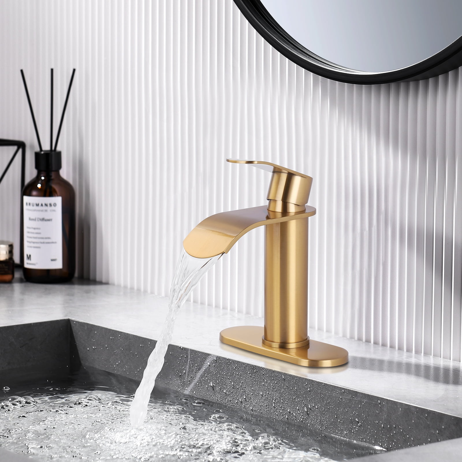 WOWOW Waterfall Bathroom Faucet, Gold Bathroom Sink Faucet for 1 Hole or 3 Holes, Single Handle Vanity Faucet with Metal Pop up Drain, Stainless Steel Basin Sink Faucet Tap for RV Lavatory